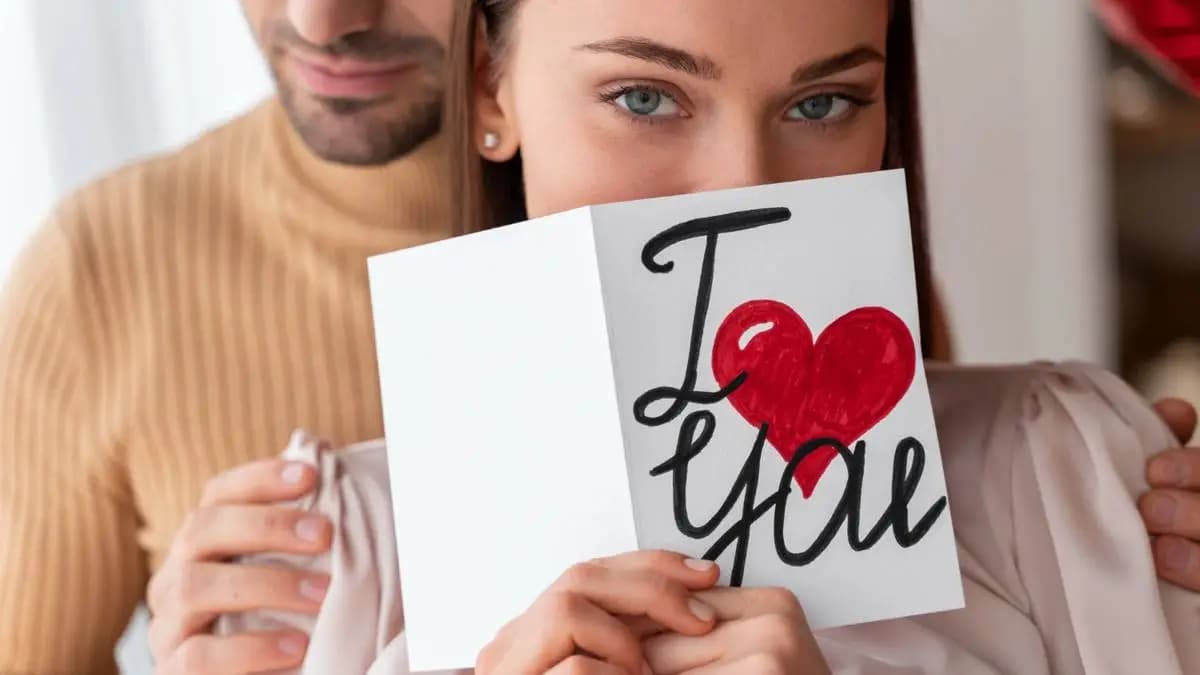 žena s mužem, ona drží dárkovou kartičku s nápisem „I love you”