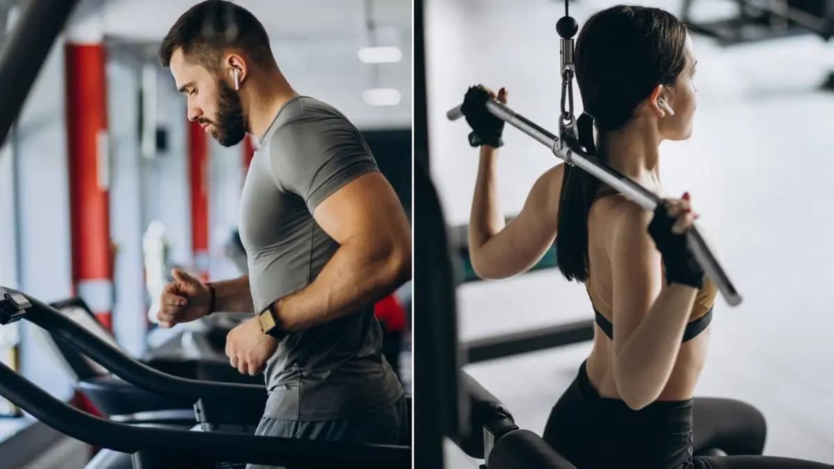 muž na běžícím pásu, žena na posilovacím stroji