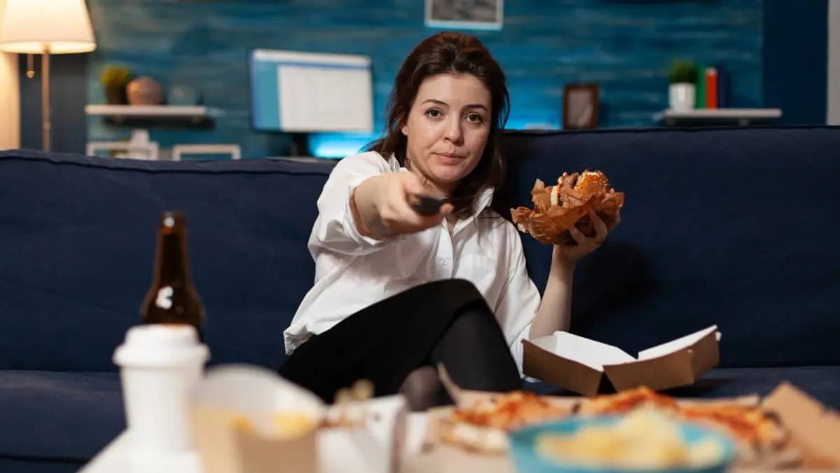 žena v jedné ruce drží ovladač, ve druhé burger a jde si pustit na gauči něco na TV žena v jedné ruce drží ovladač, ve druhé burger a jde si pustit na gauči něco na TV