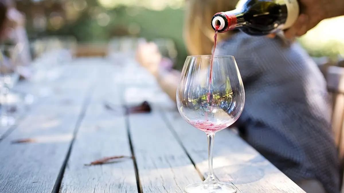 někdo nalévá na zahradě červené víno do sklenice někdo nalévá na zahradě červené víno do sklenice