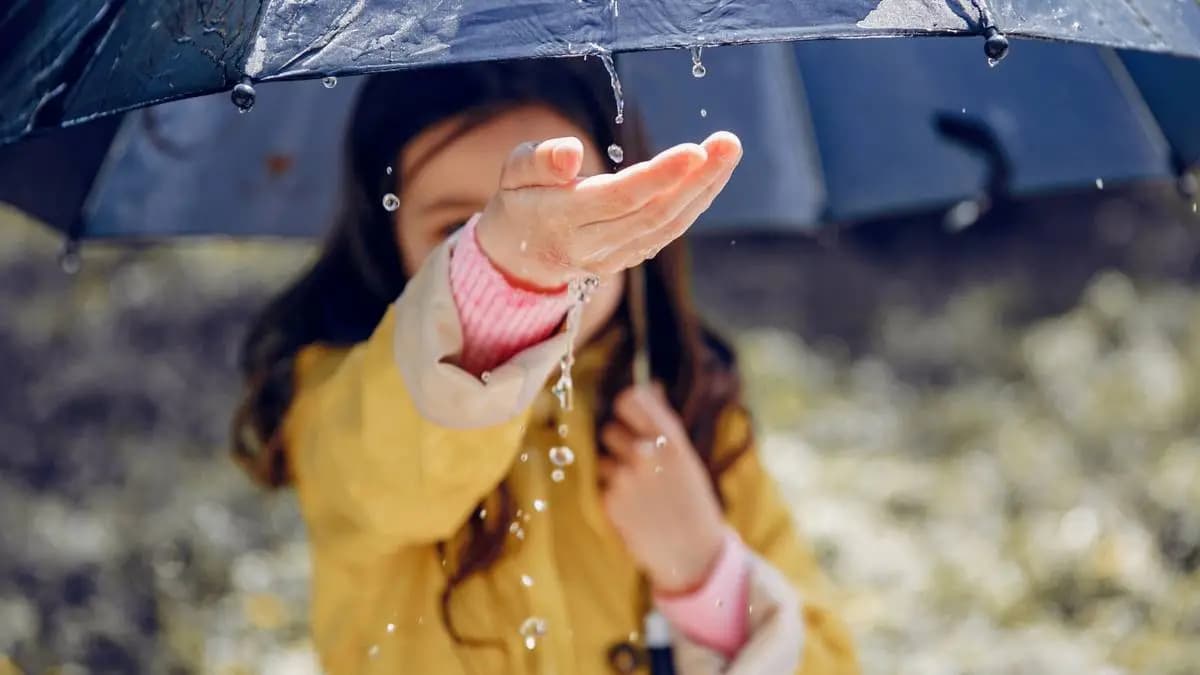 malá holčička chytá kapky deště pod deštníkem malá holčička chytá kapky deště pod deštníkem